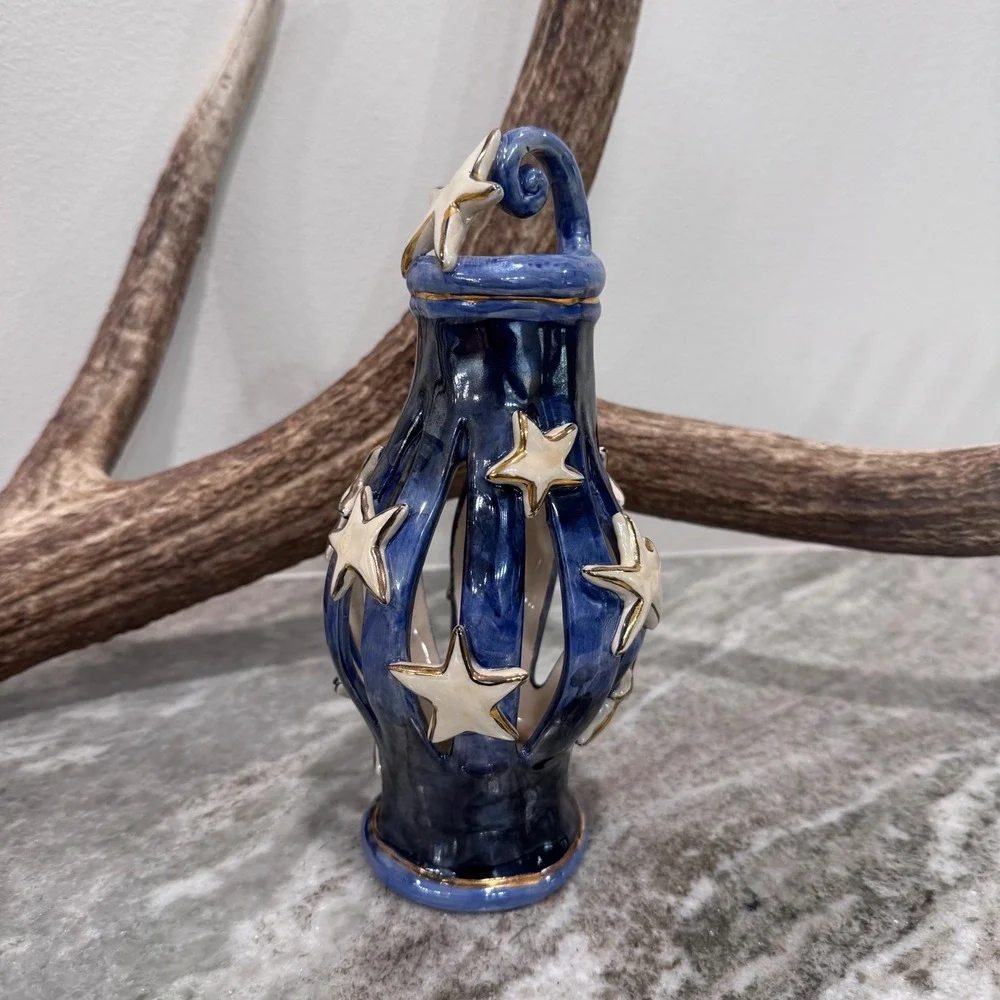 Heather Goldminc Blue Ceramic Star Luminary Candle Holder Gold Trim rare find